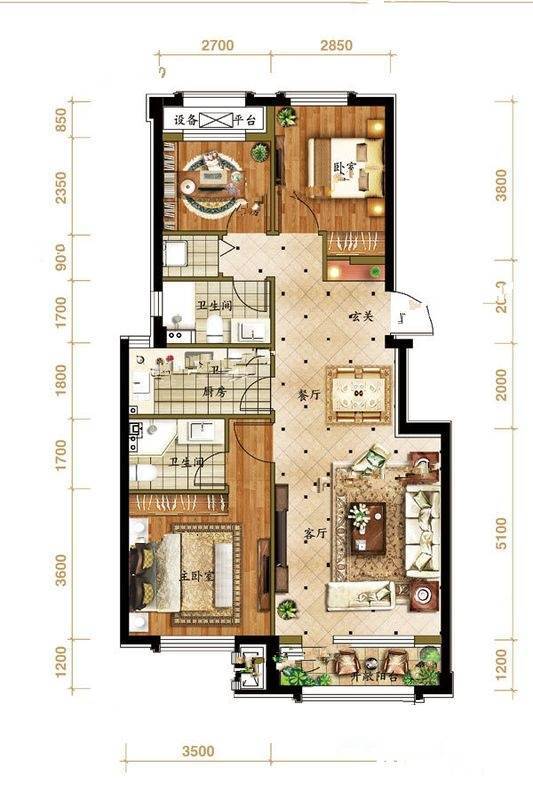 保利金香槟3室2厅2卫98.3㎡户型图