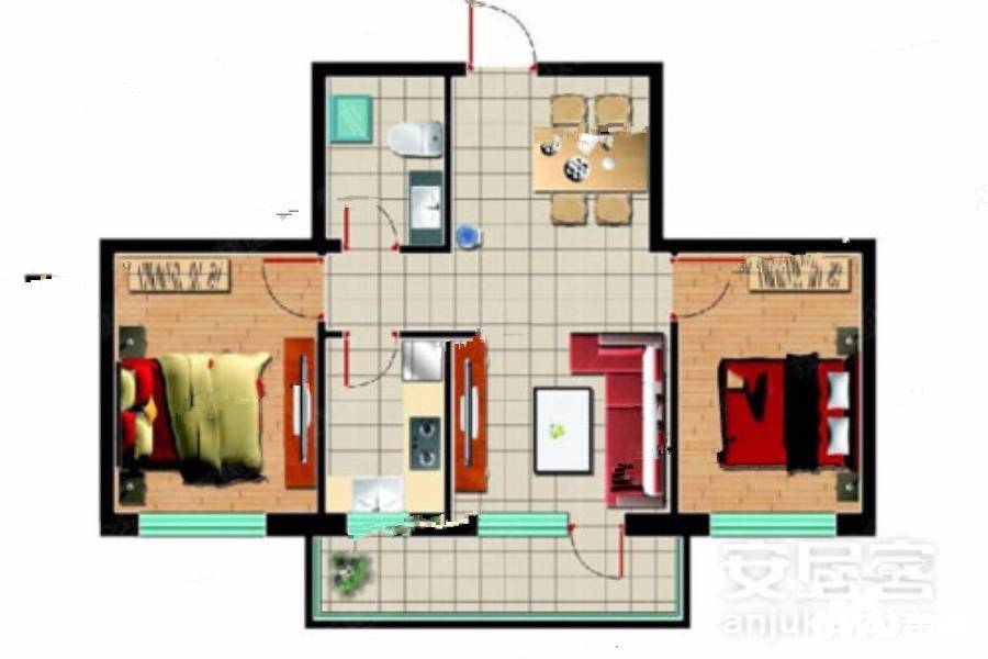 科达海景2室2厅1卫89㎡户型图