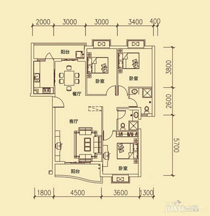 东方龙城3室2厅2卫133.3㎡户型图