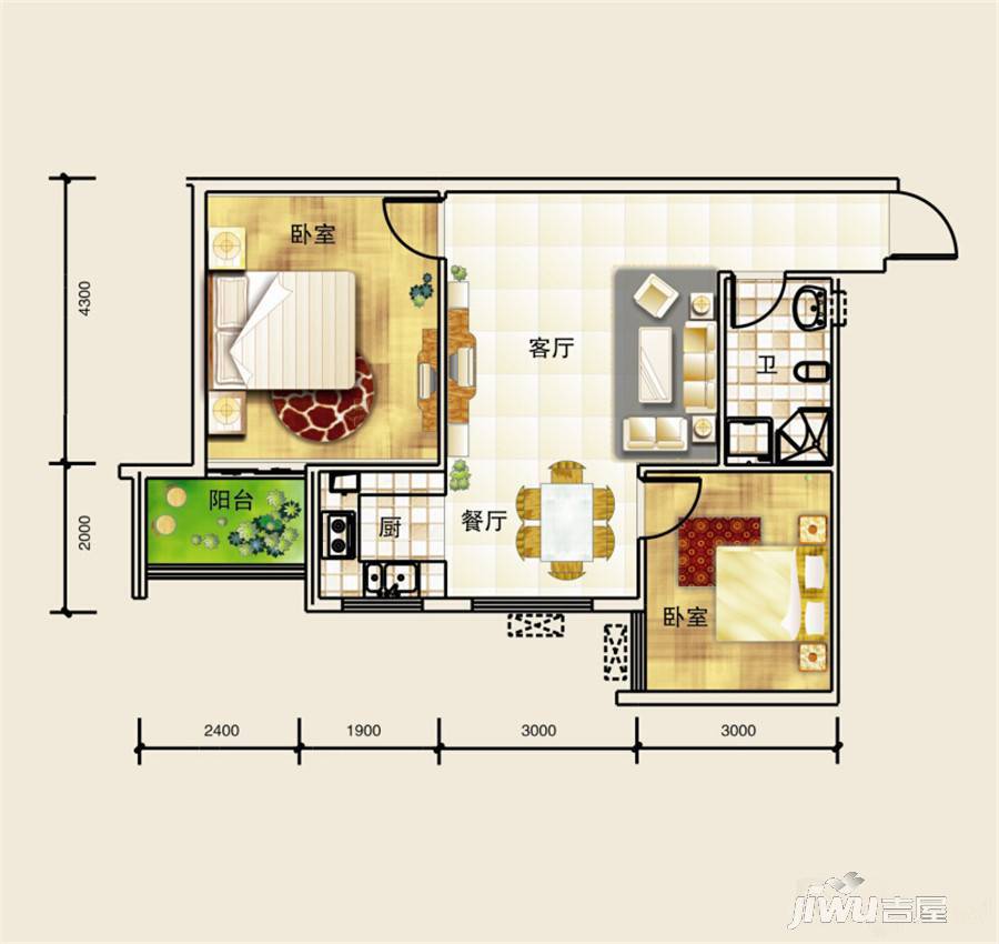 凤凰国际2室2厅1卫72.6㎡户型图