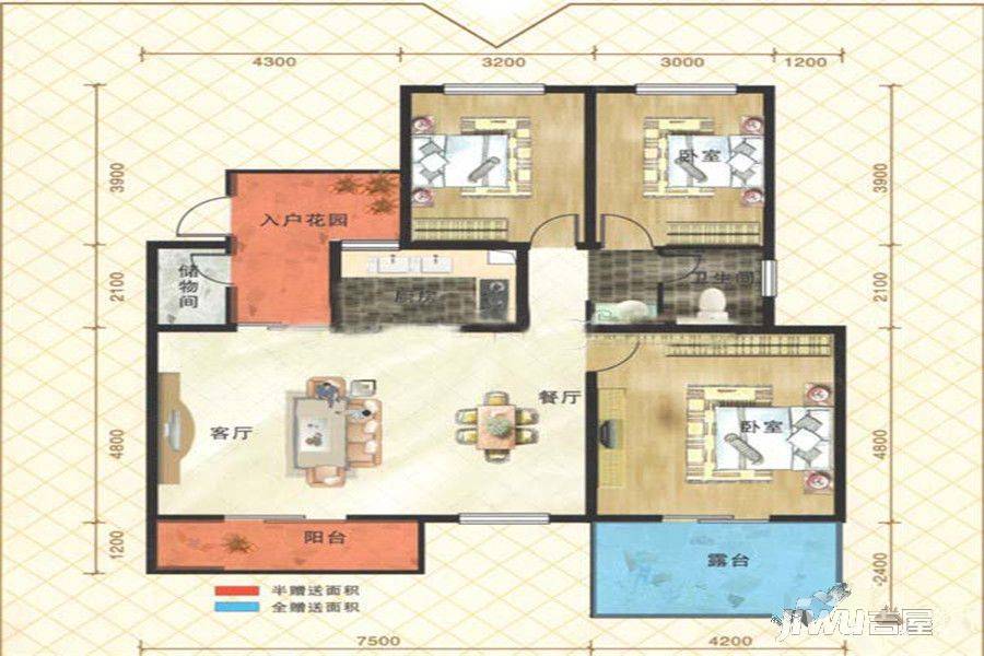 中宇天地—红郡3室2厅2卫115.2㎡户型图