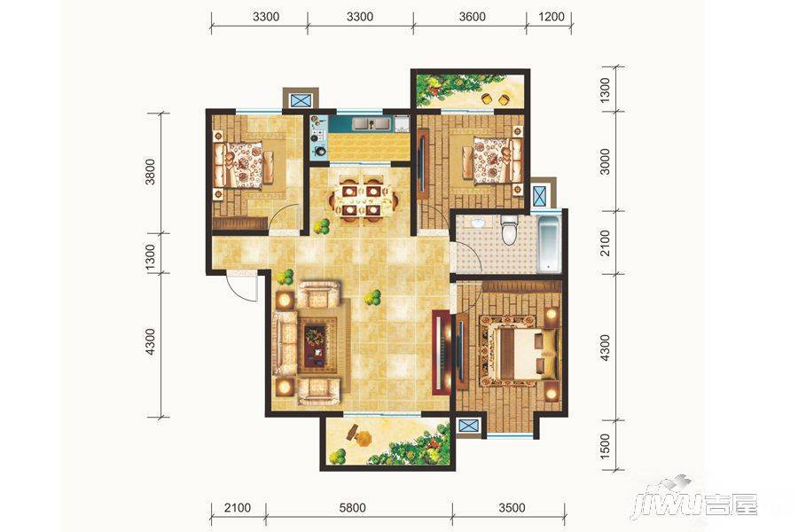 金一珅港3室2厅1卫126.2㎡户型图