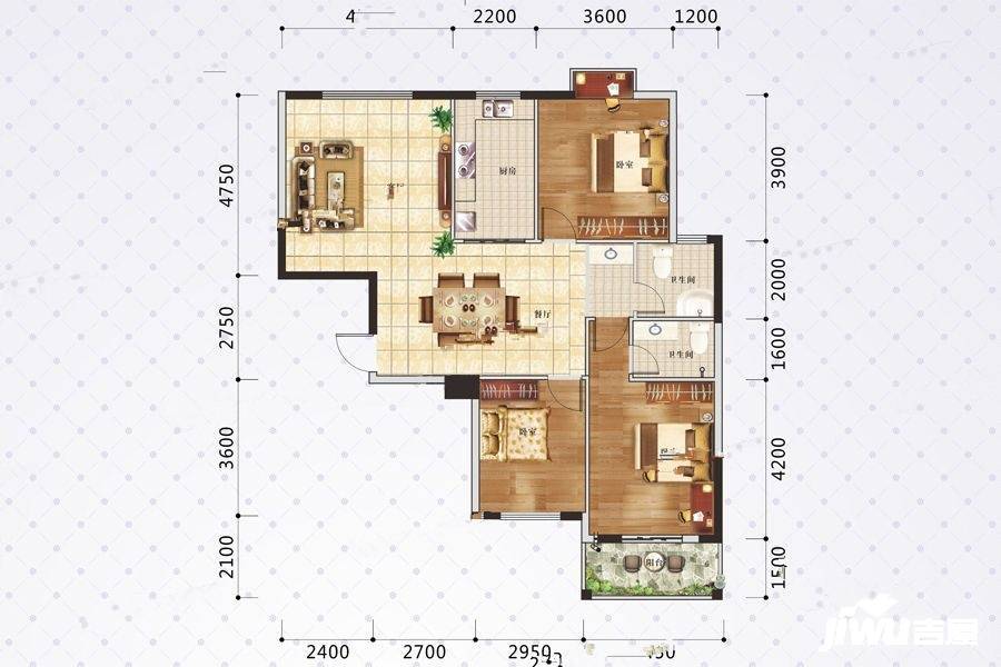 神水华府3室2厅2卫125.4㎡户型图