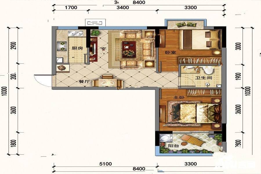 众大美誉广场2室2厅1卫65.7㎡户型图