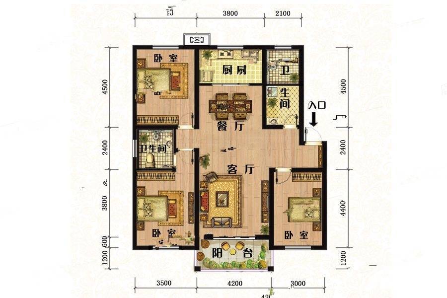 丹阳古镇3室2厅2卫124.7㎡户型图