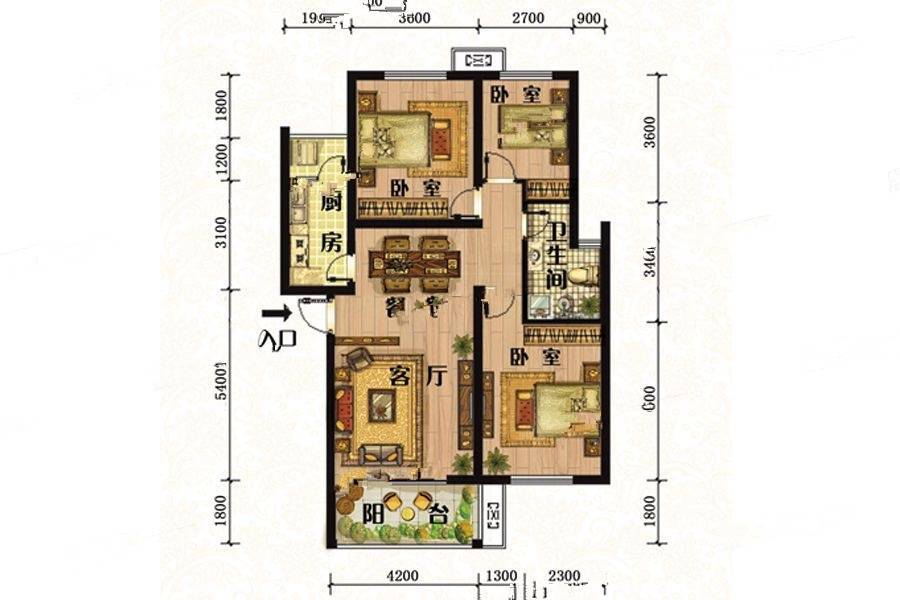 丹阳古镇3室2厅1卫102.8㎡户型图