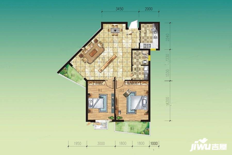 栖凤湖畔2室2厅1卫91㎡户型图