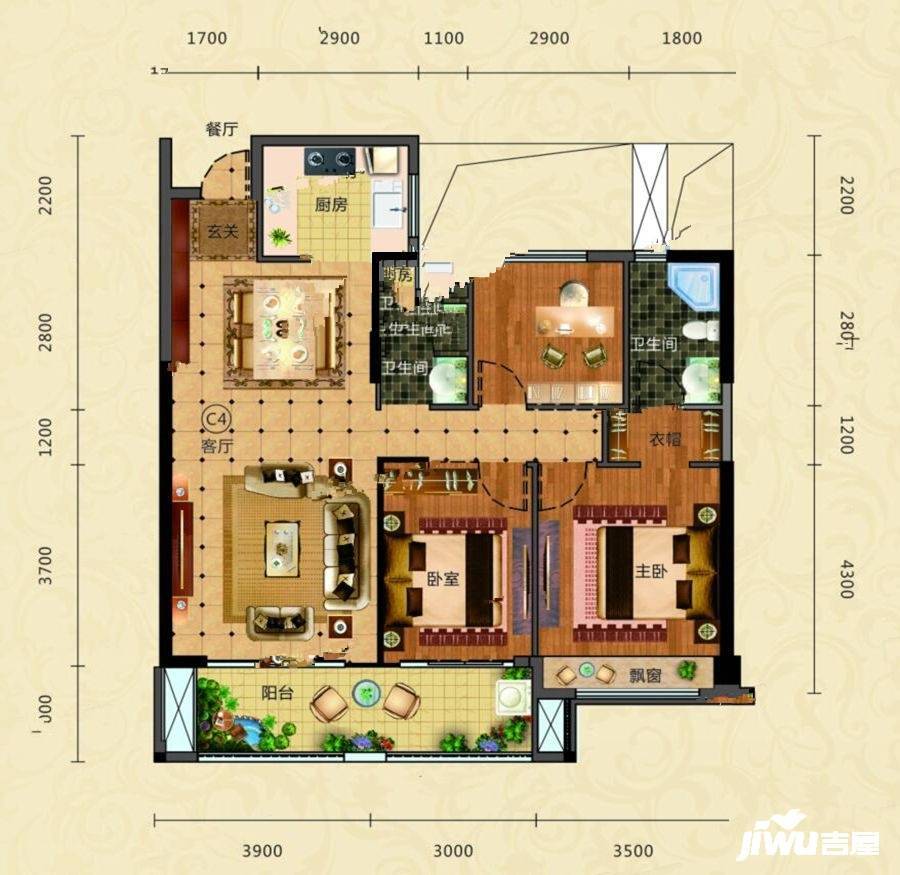 中都巴黎城3室2厅1卫117.4㎡户型图