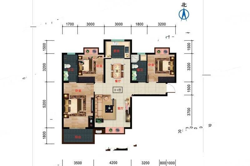 迎宾花城二期3室2厅2卫114.9㎡户型图