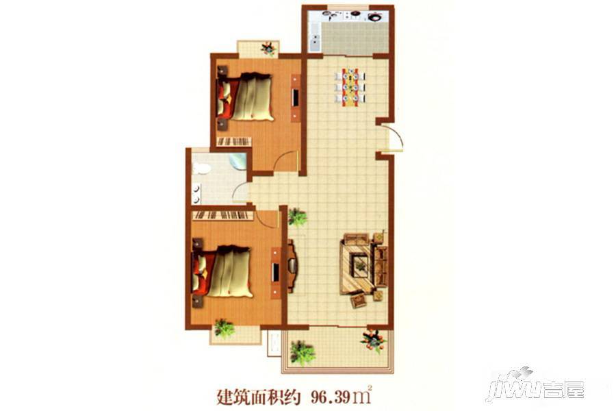 星月城2室2厅1卫96.4㎡户型图