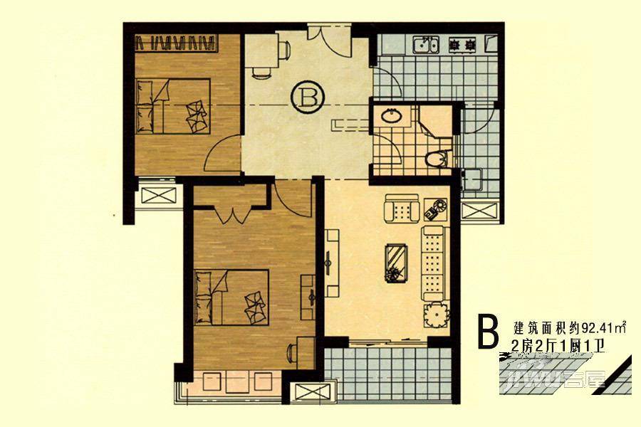 恒力水木清华2室2厅1卫92.4㎡户型图