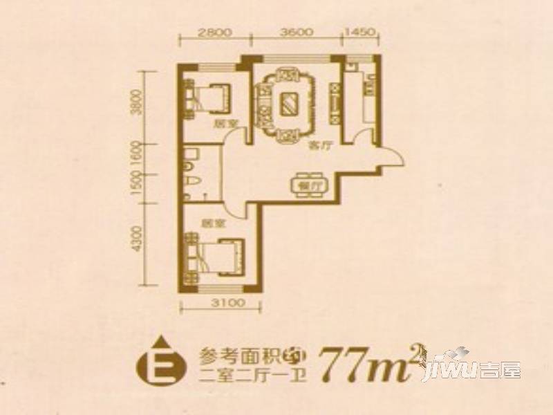 兴源丽江城2室2厅1卫77㎡户型图