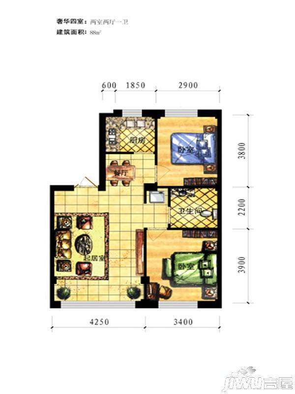 鑫宇中央公园2室2厅1卫88㎡户型图