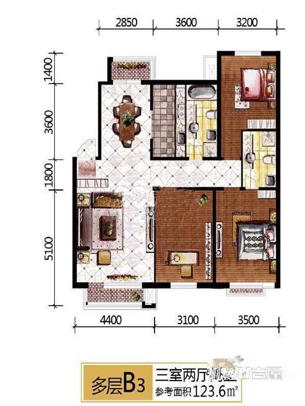 宏运凤凰新城二期3室2厅2卫123.6㎡户型图