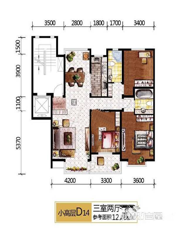 宏运凤凰新城二期3室2厅2卫125.8㎡户型图