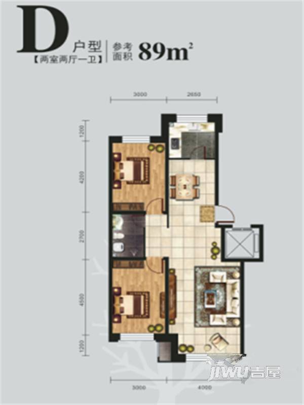 兴源蓝海左岸2室2厅1卫89㎡户型图