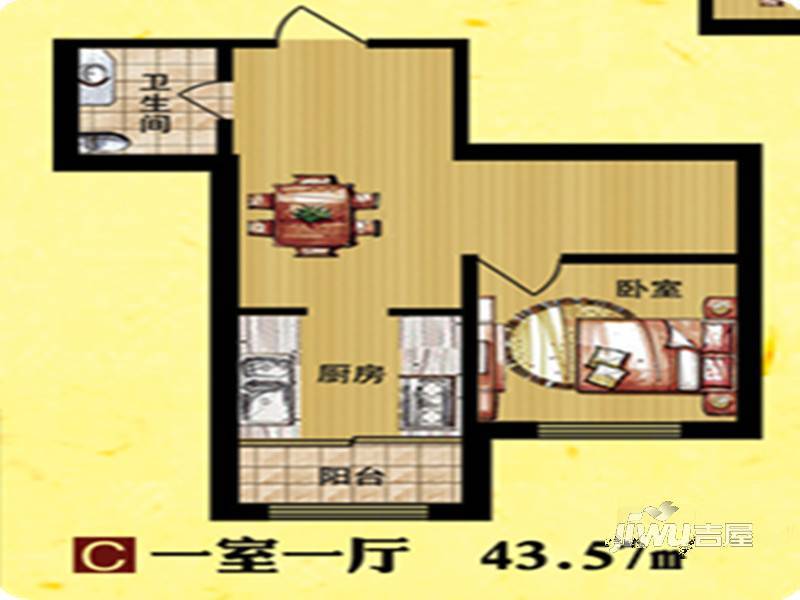 东方新湖俪城1室1厅1卫46.8㎡户型图