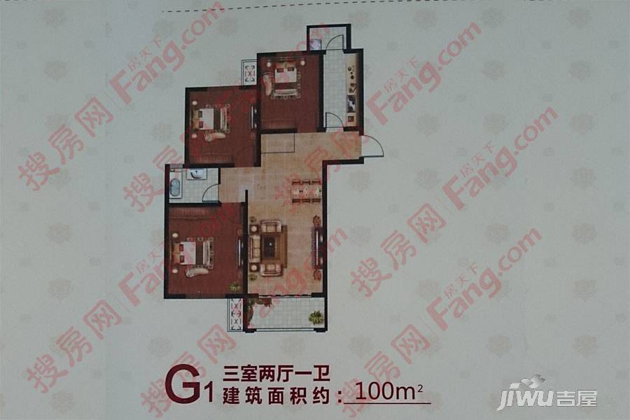 通盛御河园3室2厅1卫100㎡户型图