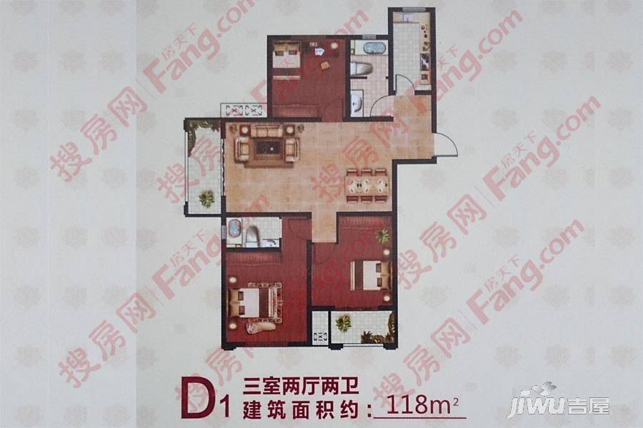 通盛御河园3室2厅2卫118㎡户型图