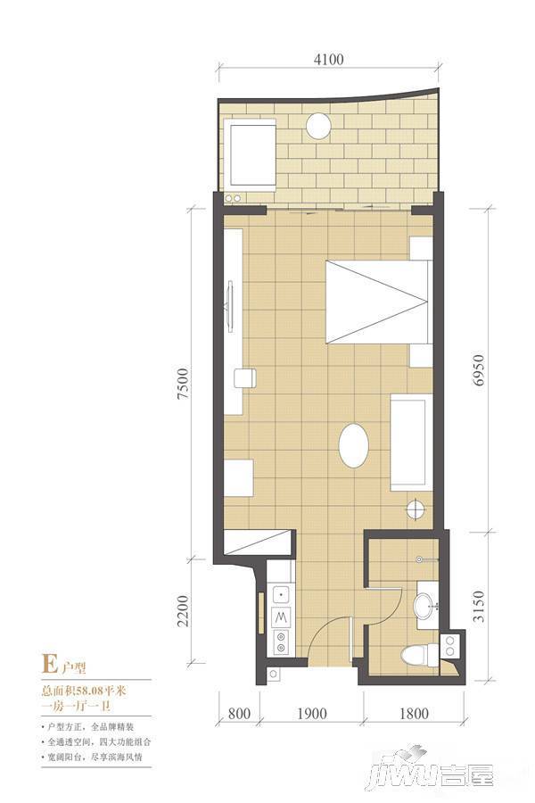 海南佰悦湾1室1厅1卫58.1㎡户型图
