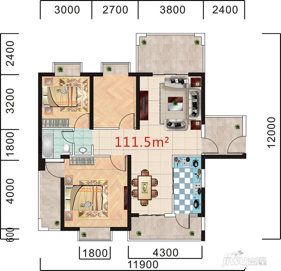 椰海新城三期·棕榈园3室2厅1卫111.5㎡户型图