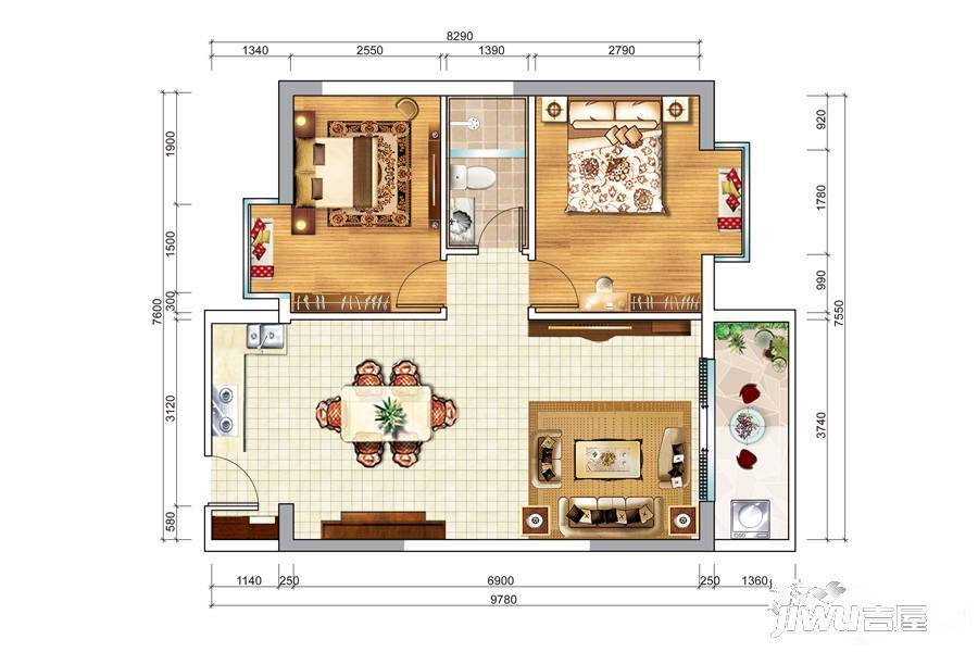 宇建国贸城2室2厅1卫84.1㎡户型图