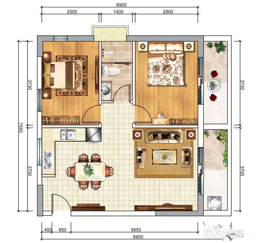 宇建国贸城2室2厅1卫80.9㎡户型图