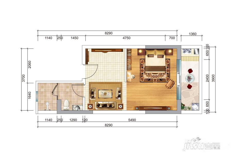 宇建国贸城1室1厅1卫39.4㎡户型图