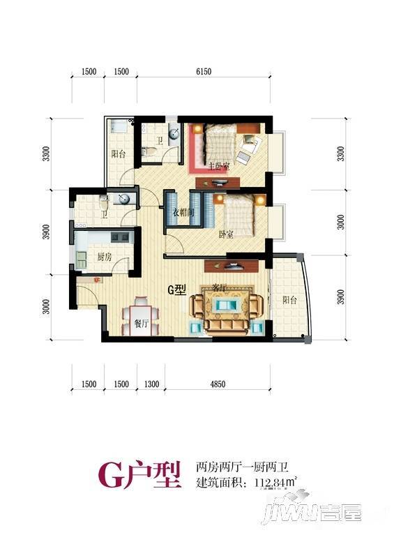 凤凰花城嘉景庭院2室2厅2卫112.8㎡户型图