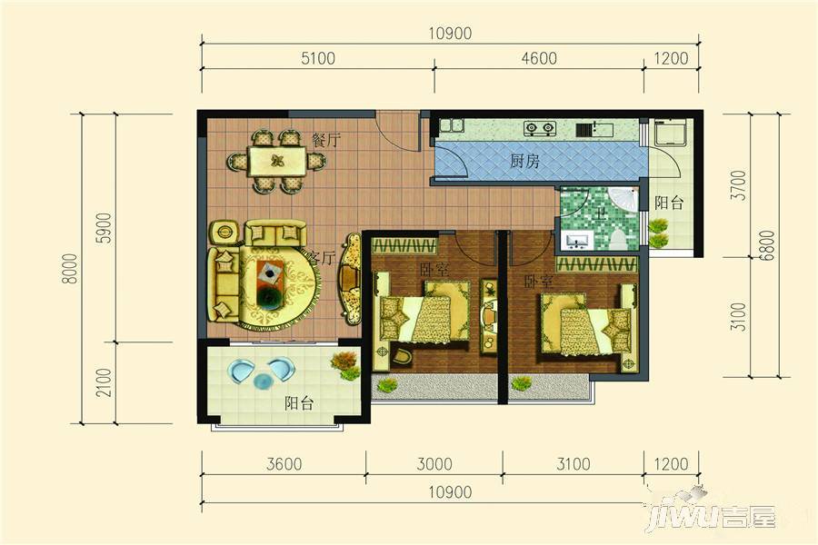 四季雅居2室2厅1卫87.7㎡户型图