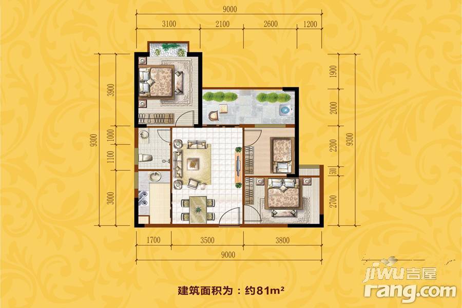 万花坊金城雅舍3室2厅1卫81㎡户型图