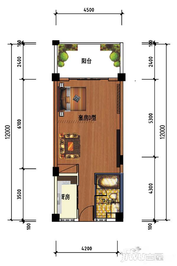 新海岸1号1室1厅0卫57.4㎡户型图