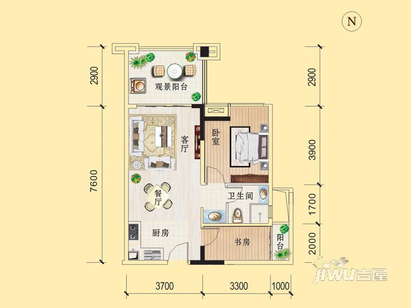 凤凰城B区2室2厅1卫71.1㎡户型图