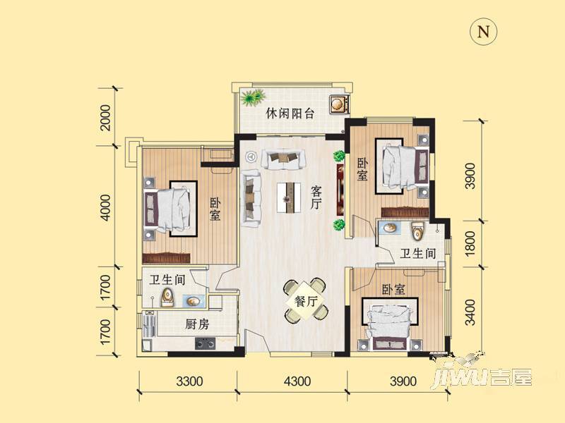 凤凰城B区3室2厅2卫123㎡户型图