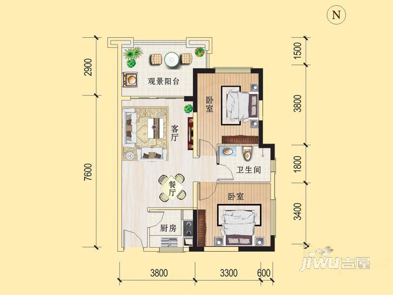 凤凰城B区2室2厅1卫81.2㎡户型图