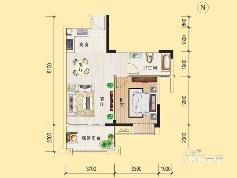 凤凰城B区1室2厅1卫63.2㎡户型图