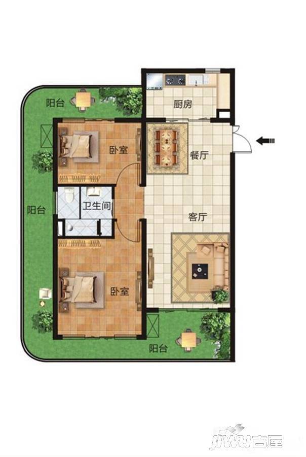 珠江澄品2室2厅1卫107.1㎡户型图