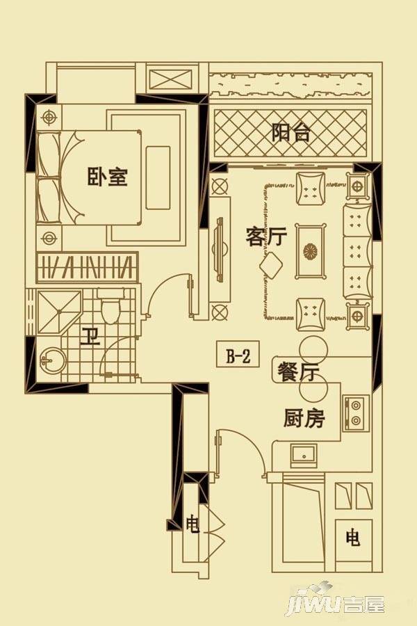 铭德美景苑1室1厅1卫48.6㎡户型图