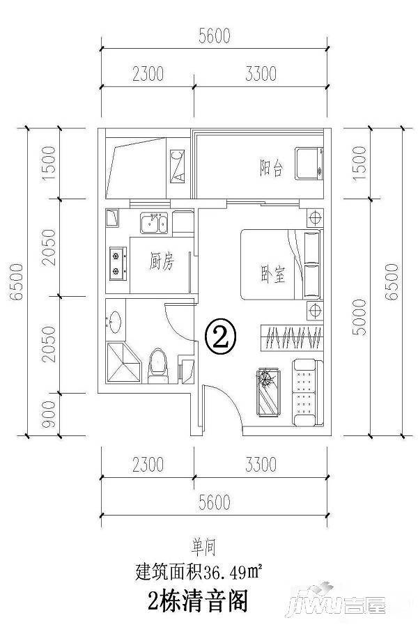 兴隆桃源温泉花园1室1厅1卫36.5㎡户型图