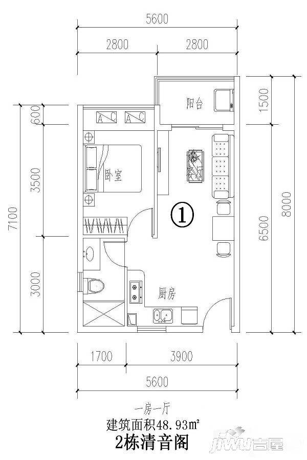 兴隆桃源温泉花园1室1厅1卫48.9㎡户型图