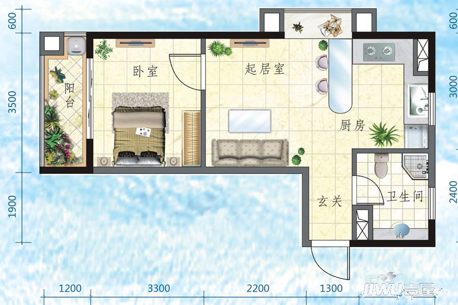 万宁国瑞城1室2厅1卫47㎡户型图