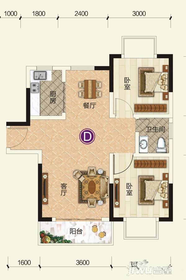 海南万紫花苑2室2厅1卫75.5㎡户型图