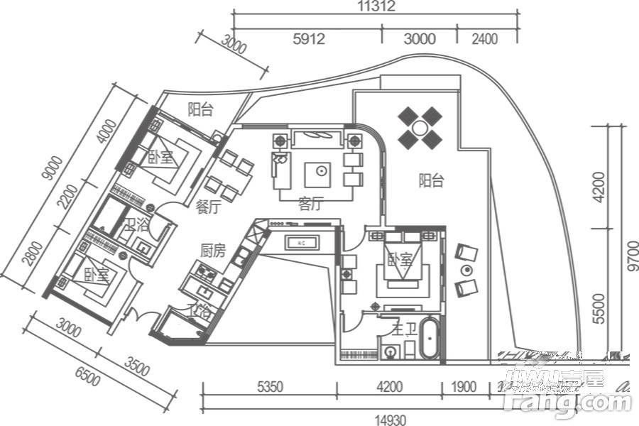 保利半岛一号3室2厅3卫136㎡户型图