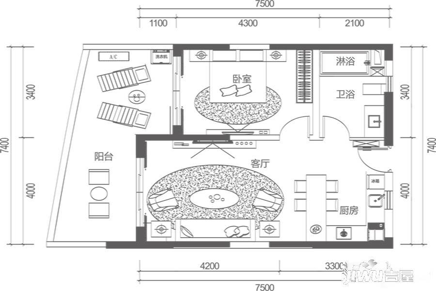 保利半岛1号1室2厅1卫69㎡户型图