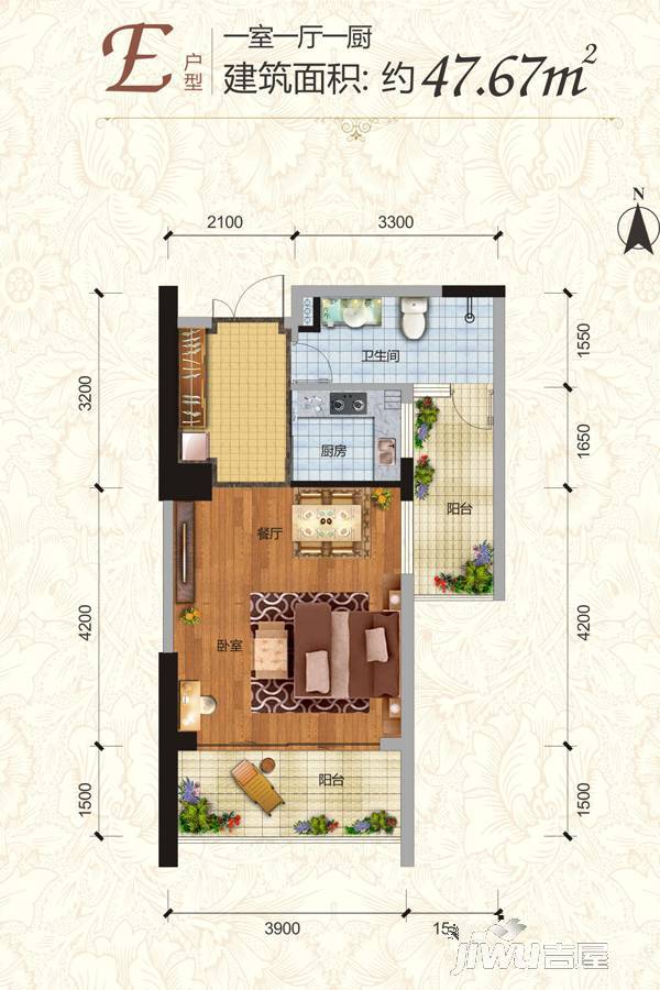 衡阳大厦1室1厅1卫47.7㎡户型图