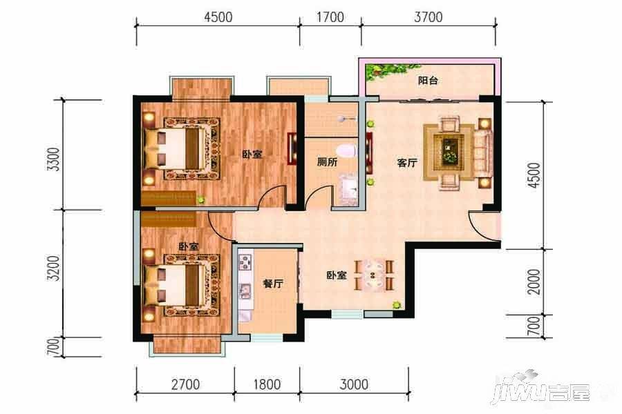 国和苑2室2厅1卫85.8㎡户型图