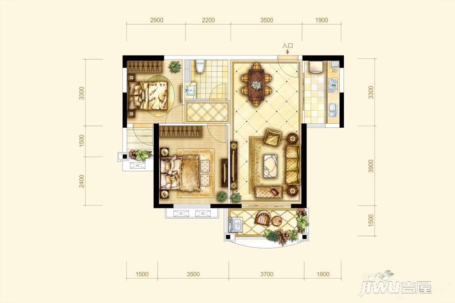 耀江西岸公馆2室2厅1卫84.4㎡户型图