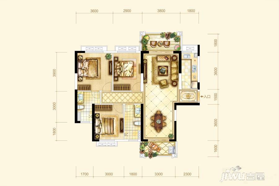 耀江西岸公馆3室2厅2卫123.9㎡户型图