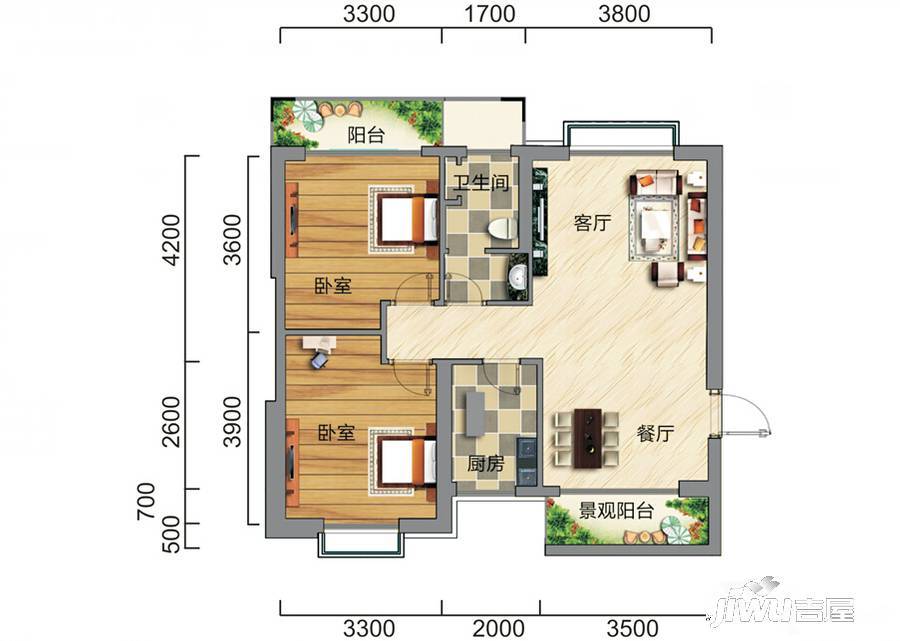 海口时代城2室2厅1卫86.9㎡户型图