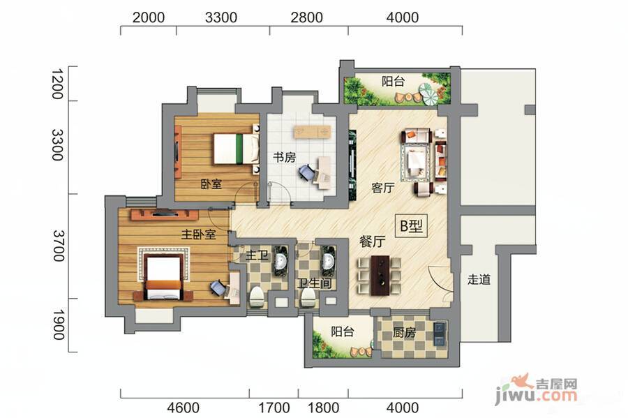 海口时代城3室2厅2卫113.3㎡户型图